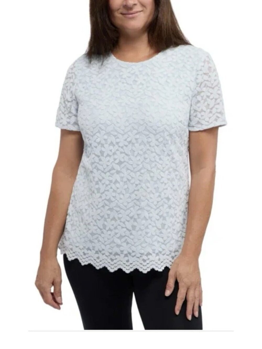 NWT Teddi Rose Women's L Light Blue Floral Lace Short Sleeve Top C1115